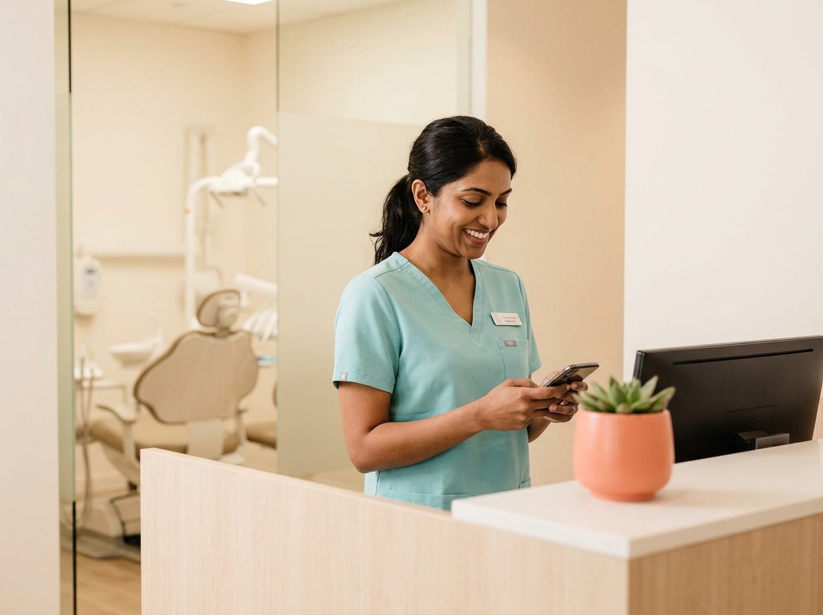 Dentist reading a booking confirmation at her practice's front desk