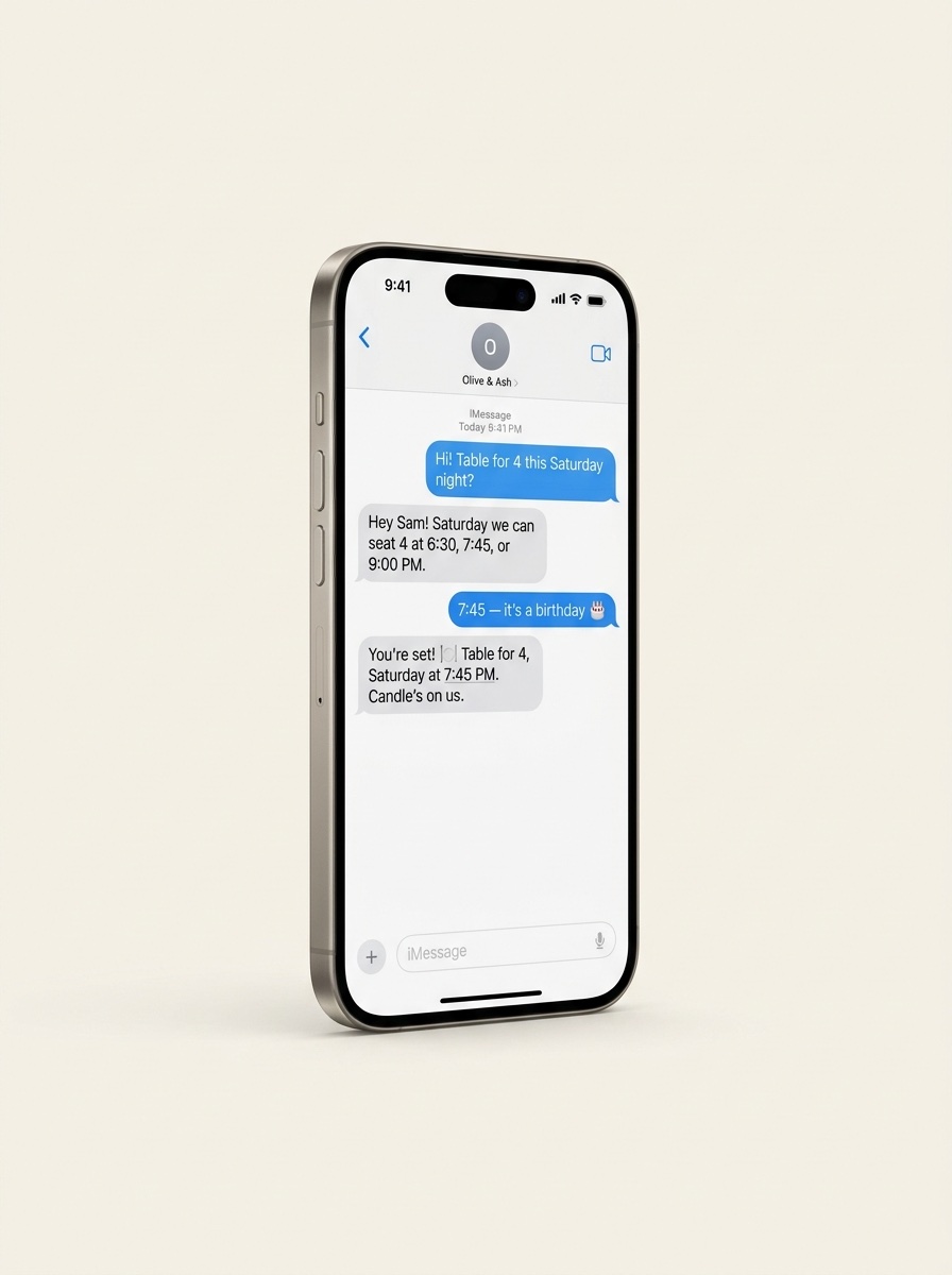 iPhone showing a reservation conversation: customer asks for a table for 4 and gets confirmed times