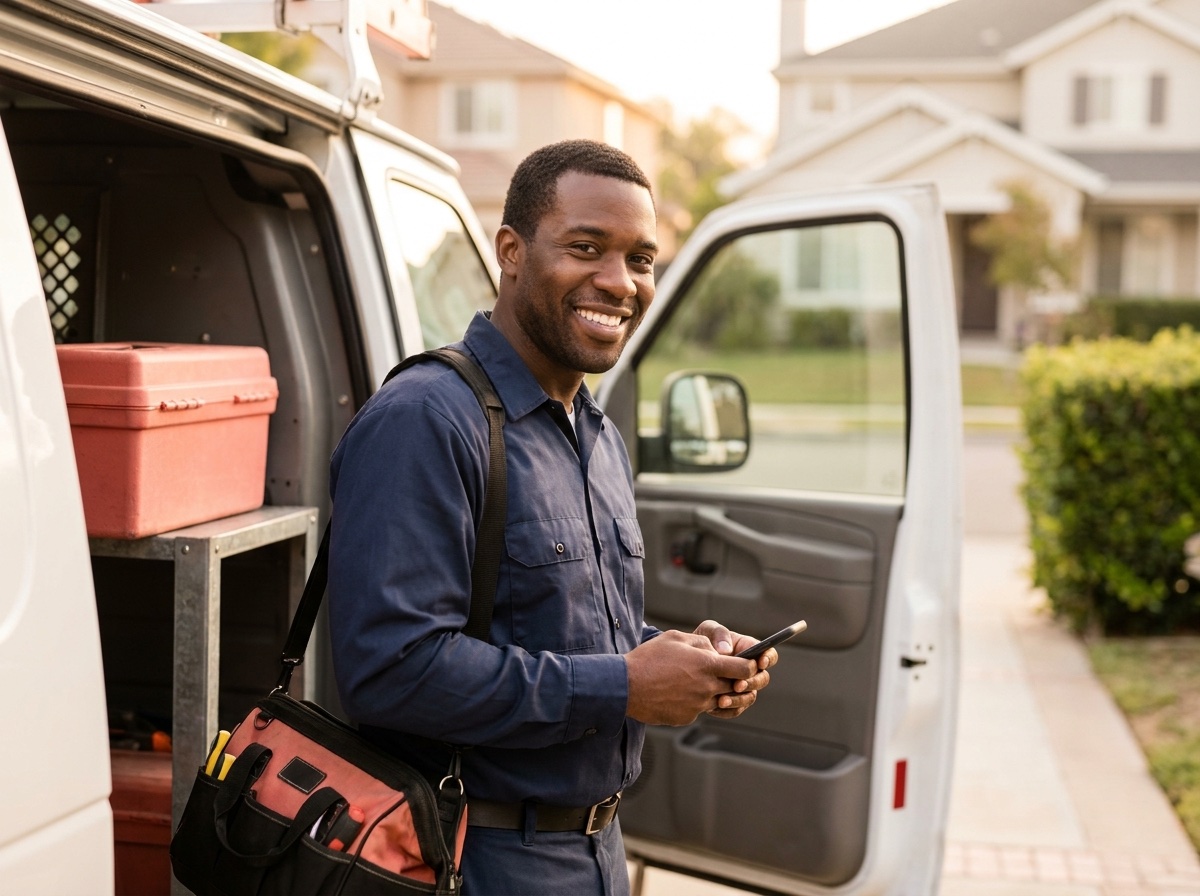 HVAC technician checking a scheduled service window by his van