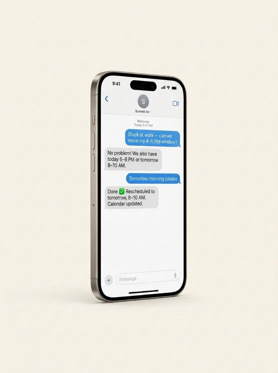 iPhone showing an HVAC service window being rescheduled by text