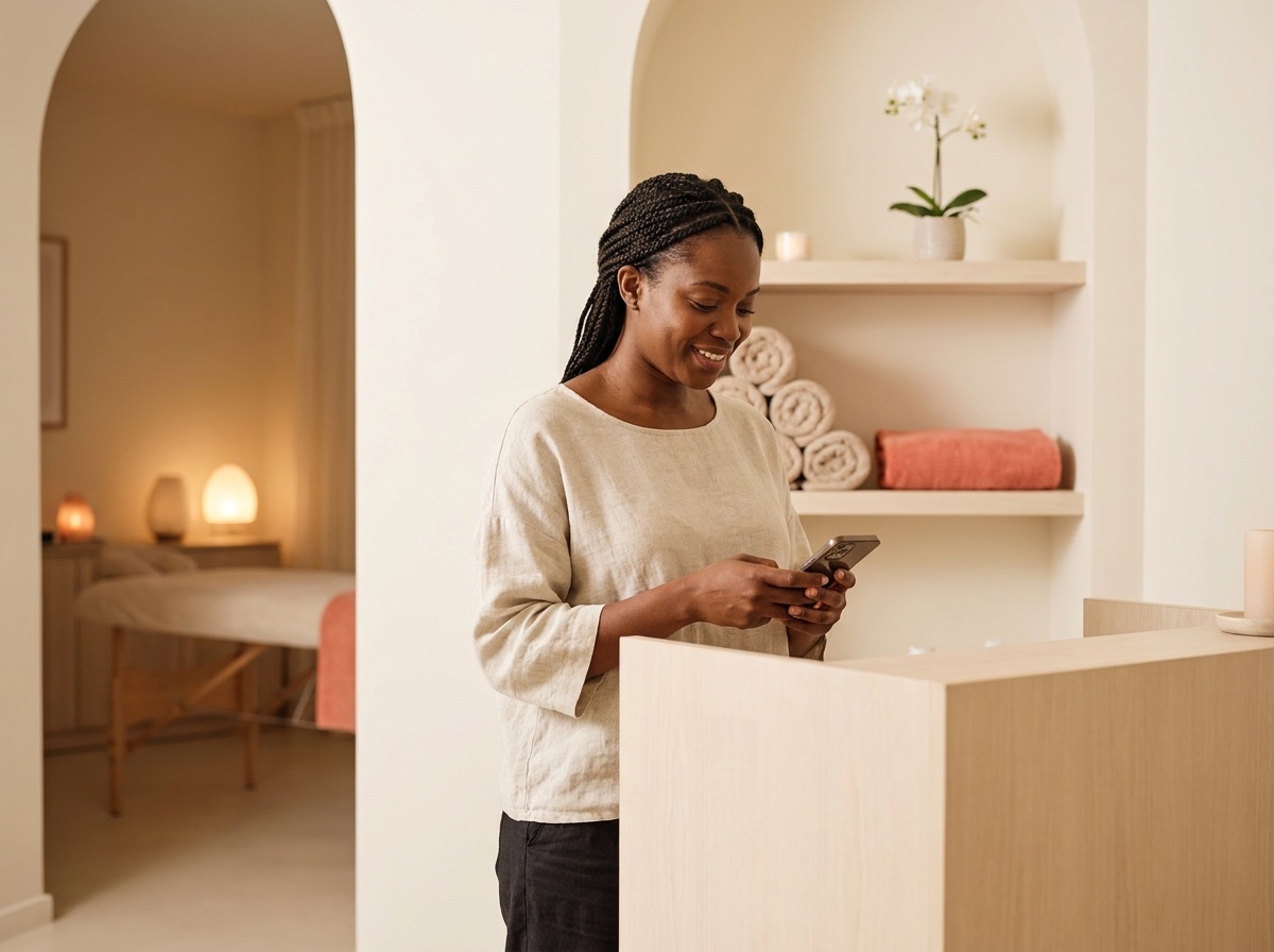 Spa owner reading a booking text at her studio's reception