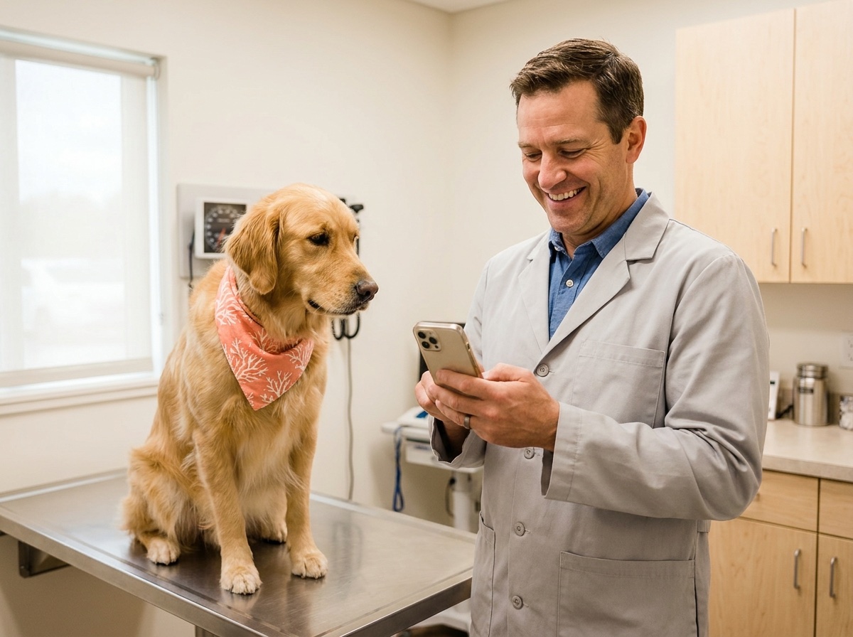 Veterinarian checking a booking text beside a golden retriever in an exam room